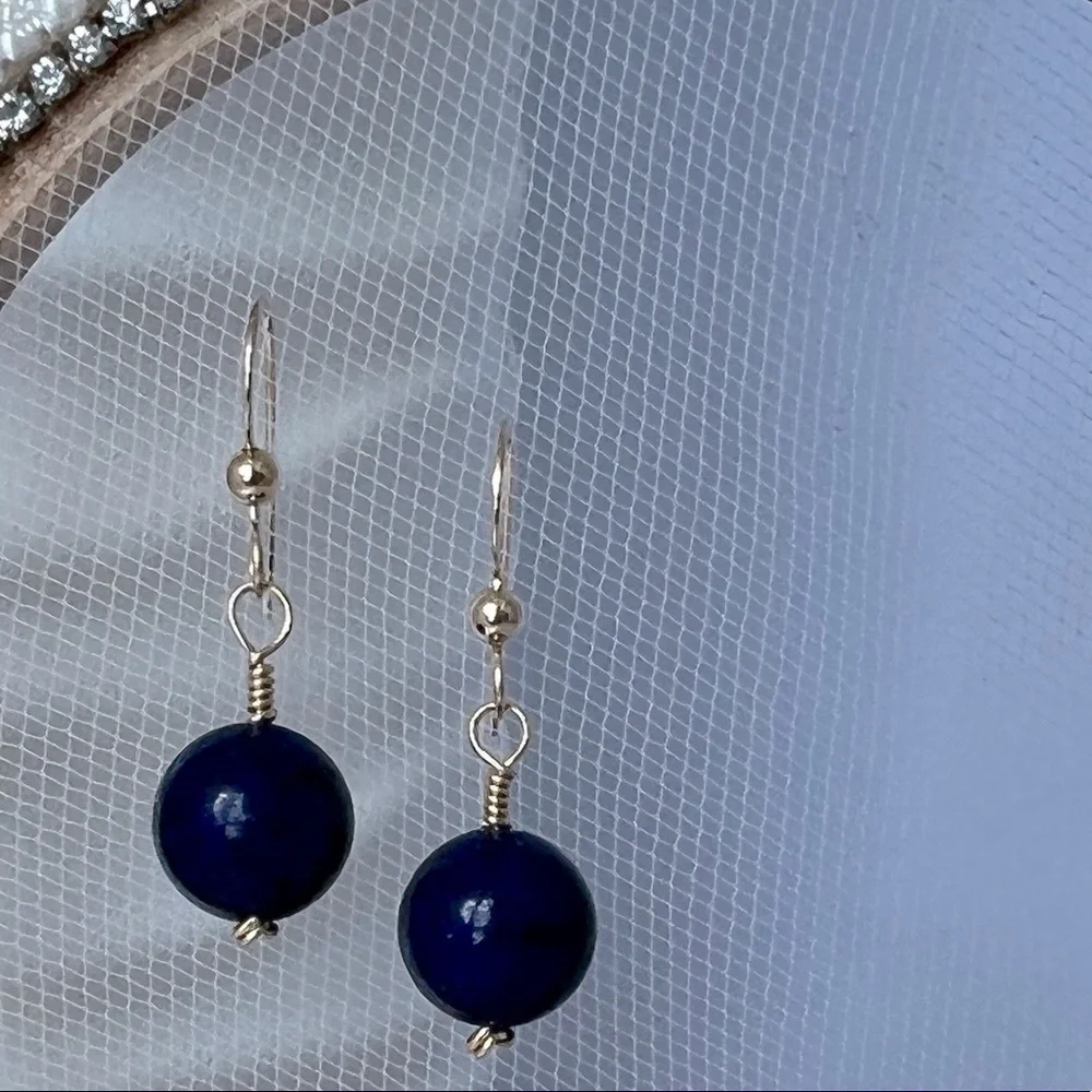 Artisan Blue Lapis Gold Wire Wrap Drop Earrings